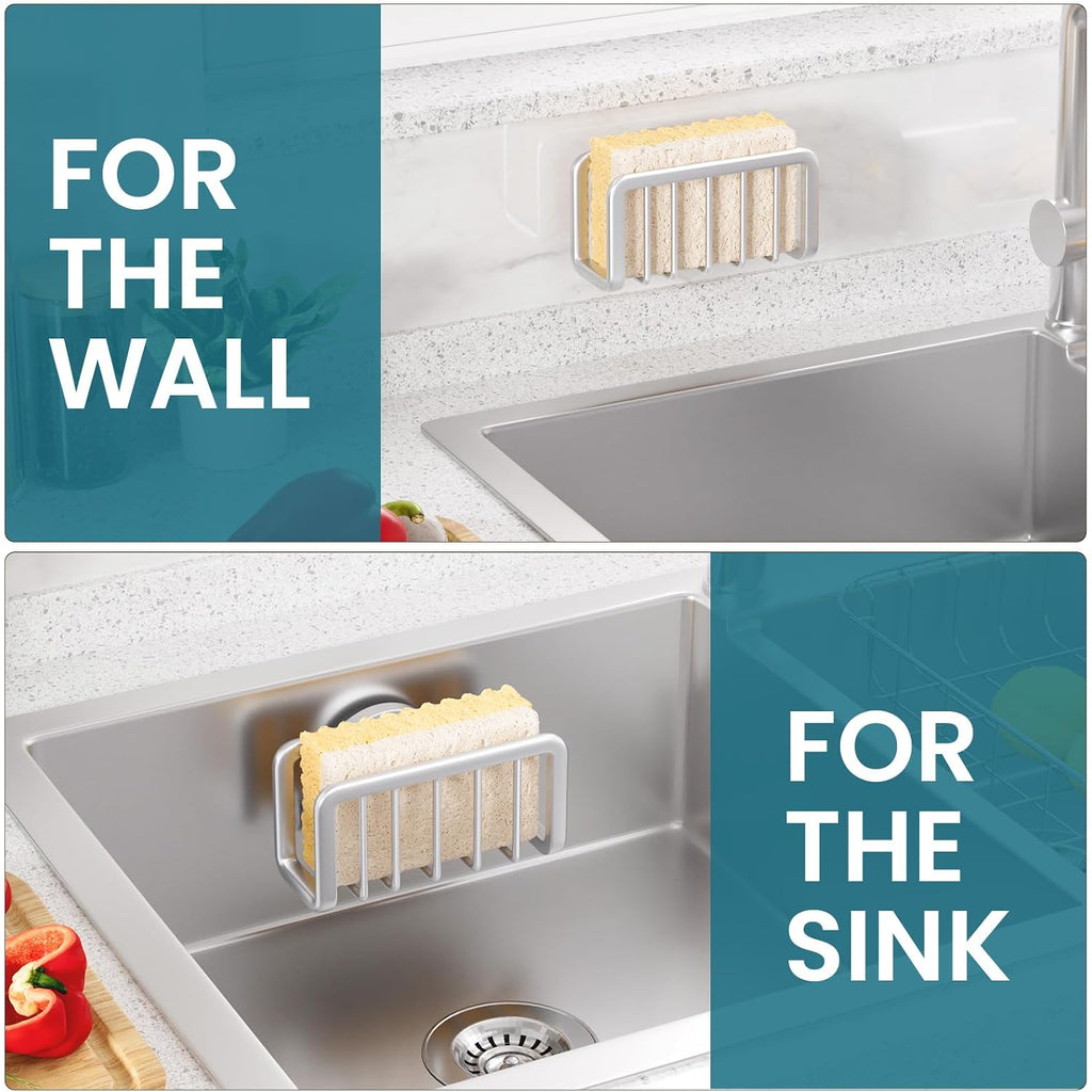 Taili Sponge Holder For Kitchen Sink With Strong Suction Cup, Rustproof Aluminum Sink Caddy For Sponges, Removable Sponge Holder, Dish Brush For Scraper - Silver