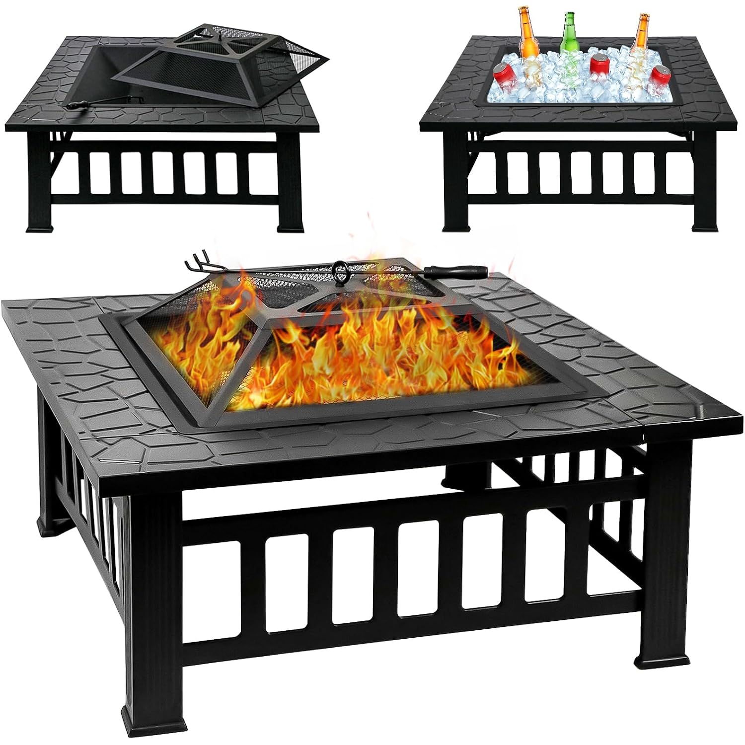 32 Inch Fire Pit Table With Fire Poker & Spark Screen, Outdoor Burning Fire Pits, 3 In 1 Metal Square Firepit Stove For Outside Heating, Bonfire Party, Camping, Patio, Garden