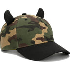 Unisex Camouflage Baseball Cap Outdoor Adjustable Devil Horn Trucker Hat for Halloween Cosplay Party Camouflage