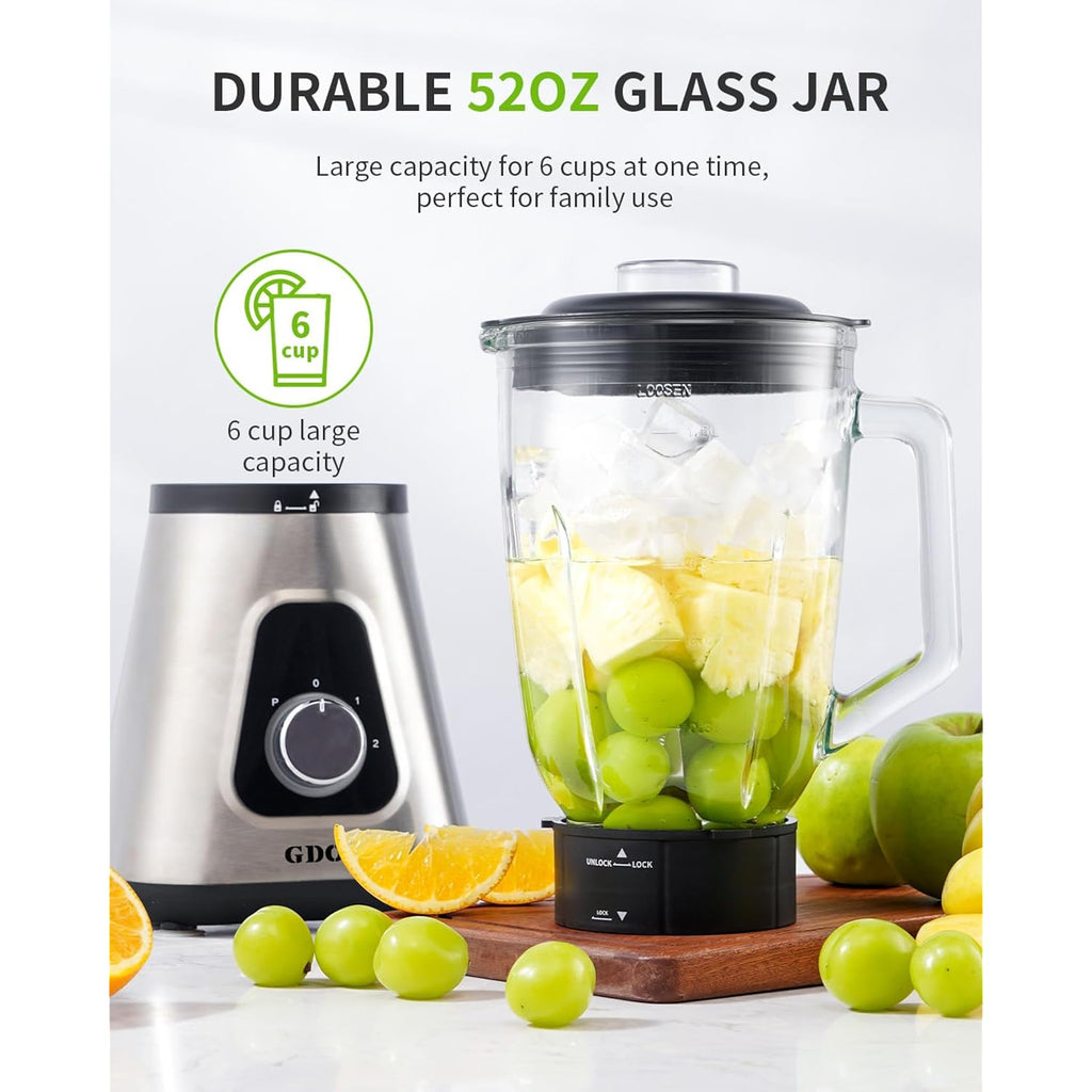 Gdor 1200W Blender For Smoothies And Shakes, 52 Oz Glass Jar & 22 Oz To-Go Cup Combo, Countertop Blender With 6-Leaf Blade, 3 Adjustable Speed For Juices, Frozen Fruit Drinks, Sauces, Self-Cleaning
