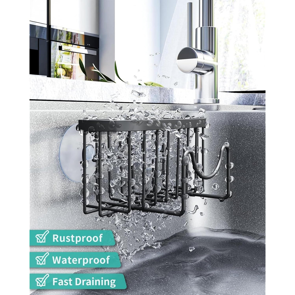 HapiRm Multifunctional Sponge Holder with Unique M-Shaped, 2 Installation Methods Kitchen Sink Caddy Organizer, Rustproof Stainless Steel Kitchen Organizers and Storage Essentials - Black