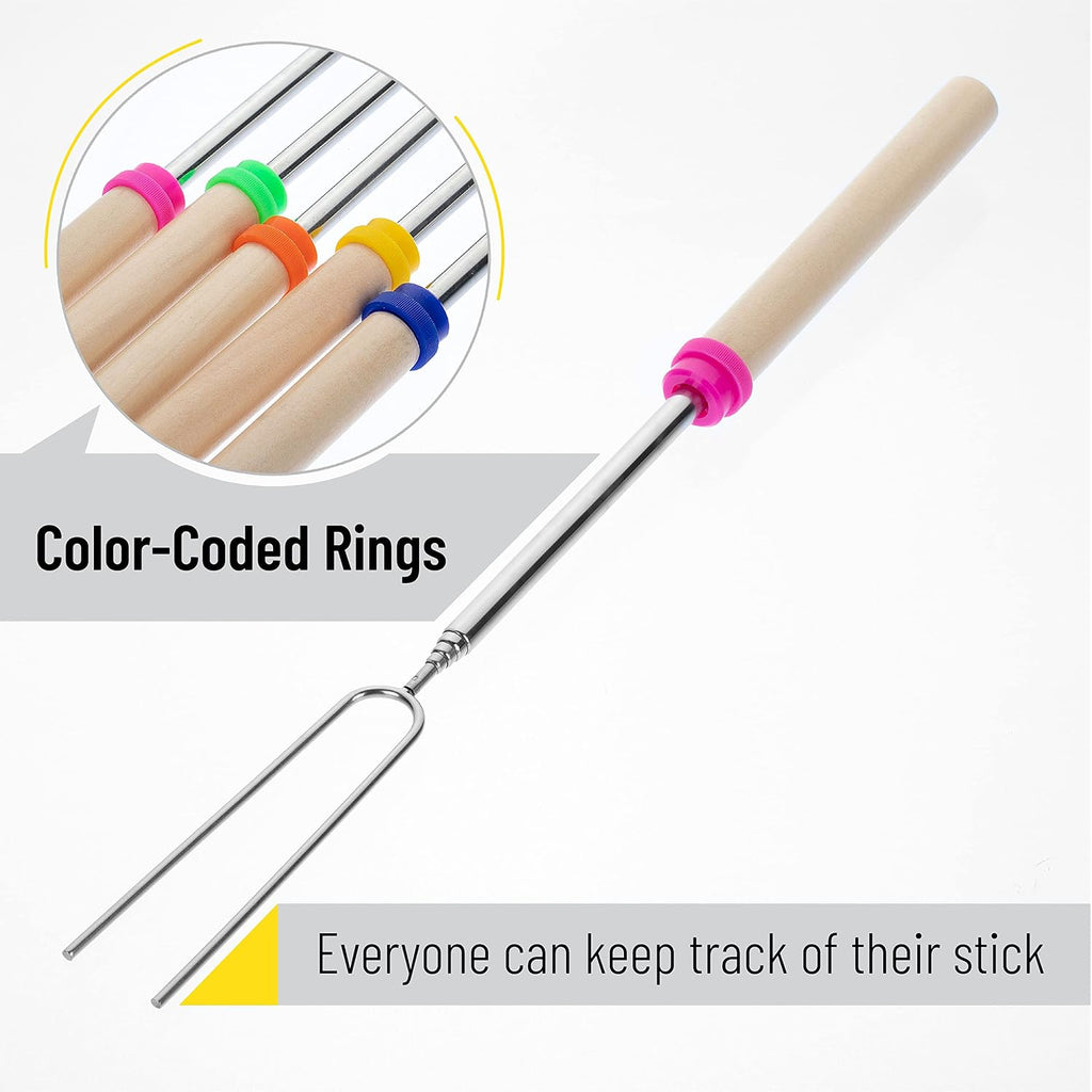 Unco- Marshmallow Roasting Sticks, 32”, 5 Pack, Dark Brown | Wooden Handle, Extendable Stainless Steel Smores Sticks For Fire Pit, Smores Skewers, Campfire Cooking Equipment
