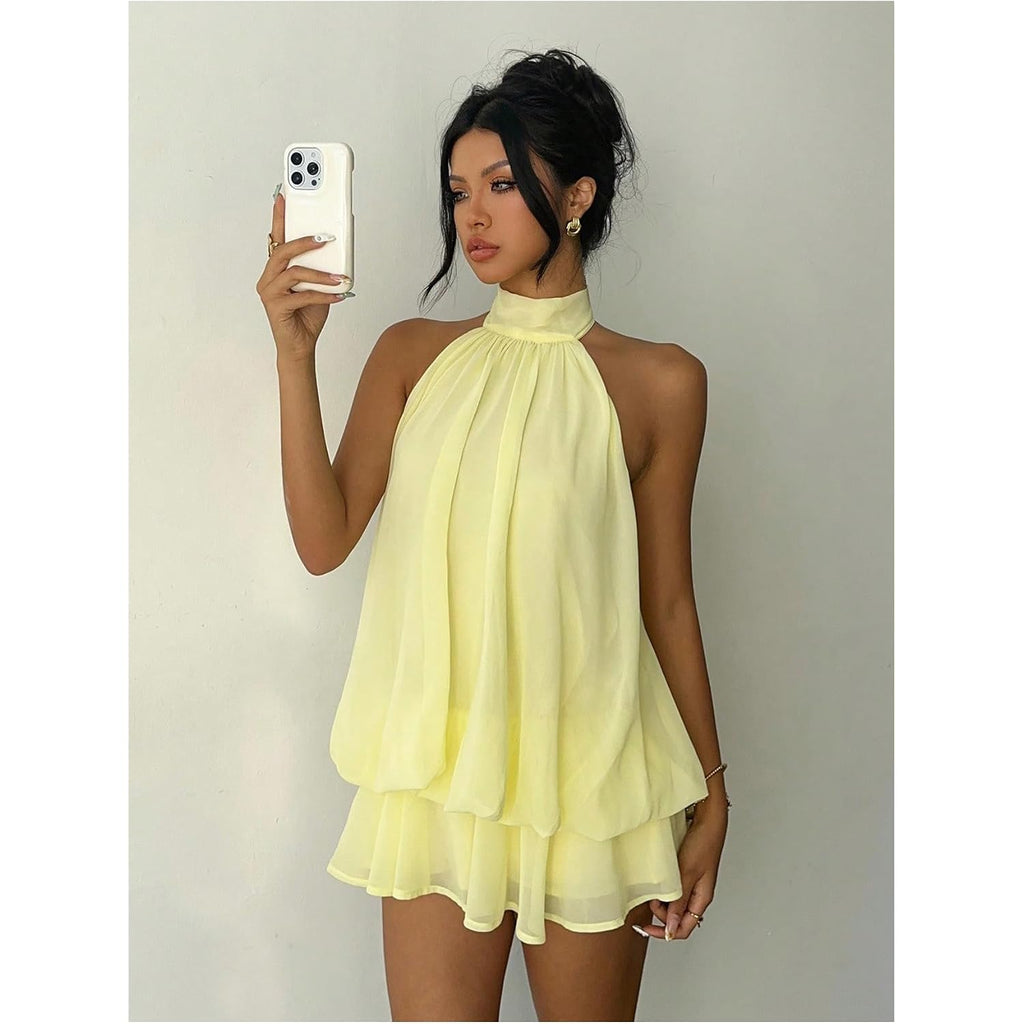 Verdusa Women'S Chiffon Halter Drop Waist Flowy Wedding Guest Mini Dresses