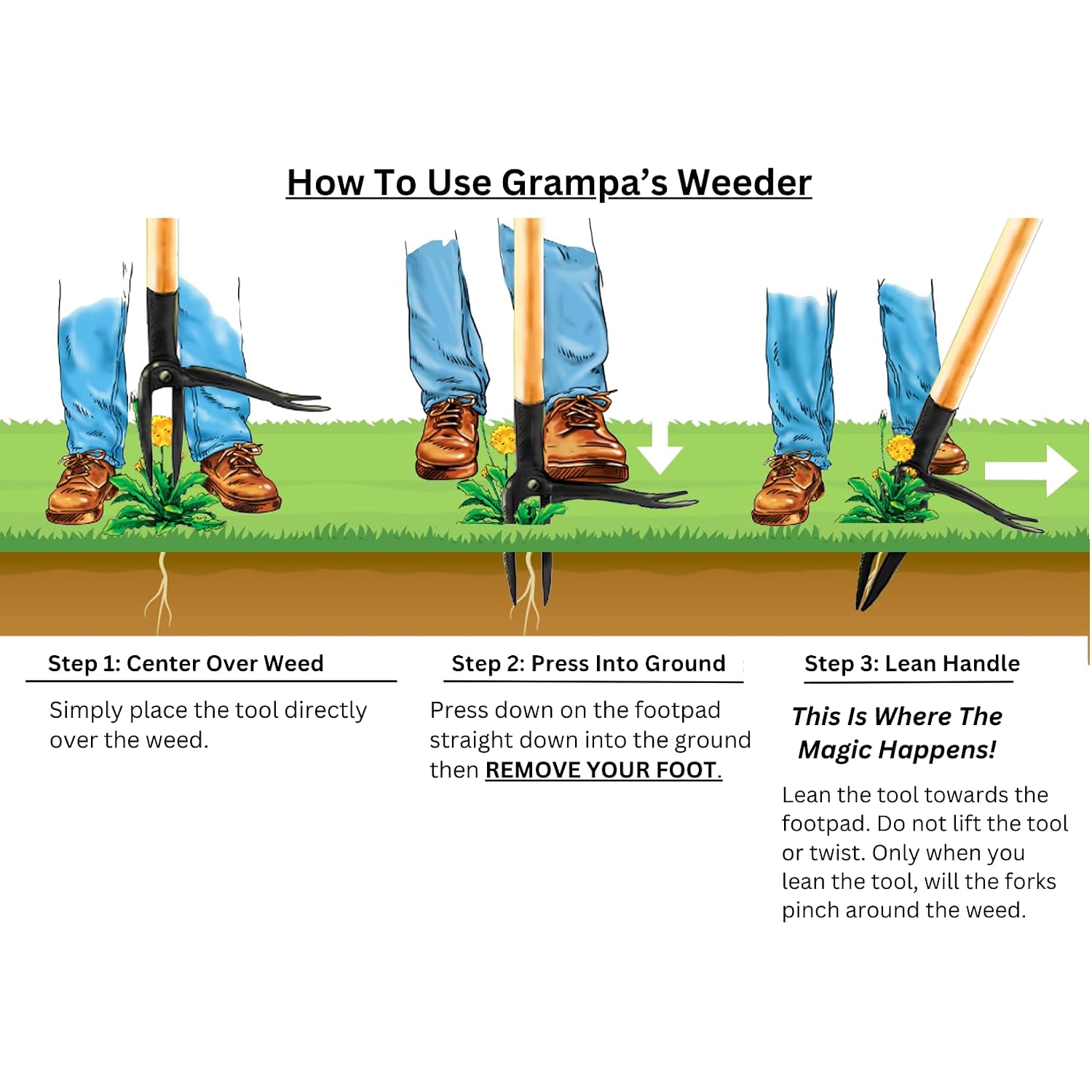 Grampa'S Weeder Original Stand Up Weed Puller Tool With Bamboo Long Handle | 4-Claw Steel Head • Weeding Tool • Weed Remover Tool • Pulls Dandelions, Crabgrass & Taproots • No Bending • Saves Your Back