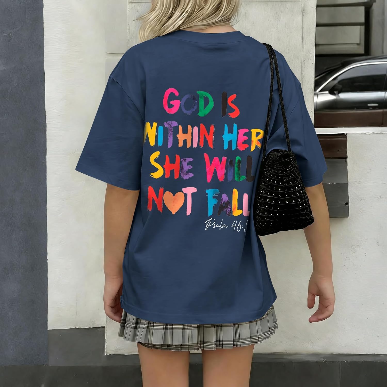 Jinluth Oversized Christian Shirts for Women Jesus Faith Shirt Bible Verse T Shirt God is Within Her Tees Inspirational Tops Navy Blue