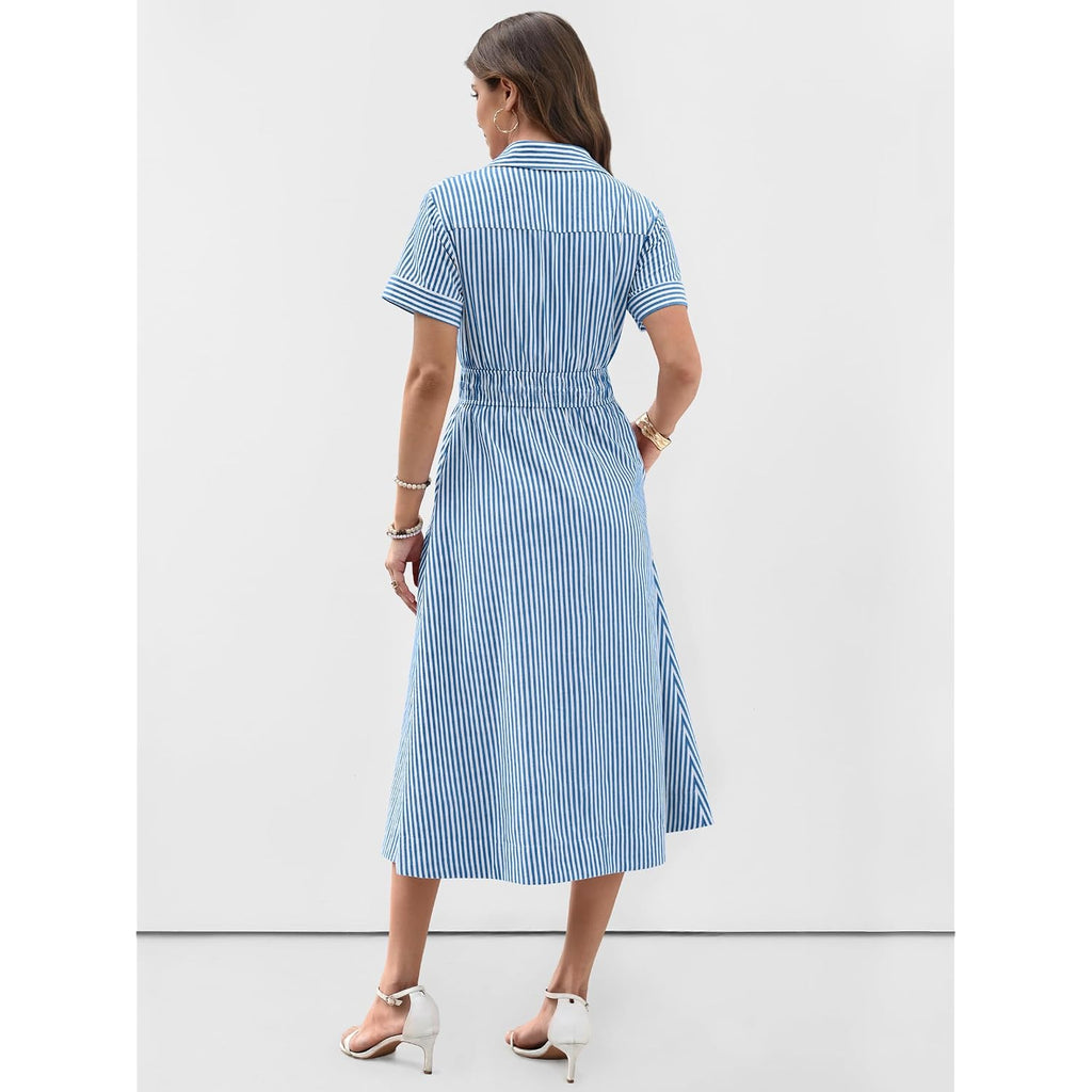 Anrabess Women Summer Short Sleeve Midi Dress, Striped & Gingham, Casual A-Line Button Collar Shirt Dress, Beach & Vacation