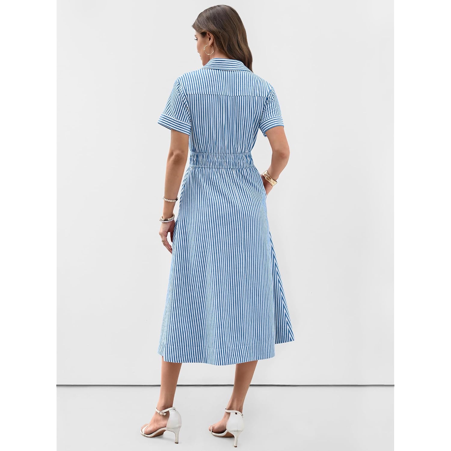 Anrabess Women Summer Short Sleeve Midi Dress, Striped & Gingham, Casual A-Line Button Collar Shirt Dress, Beach & Vacation