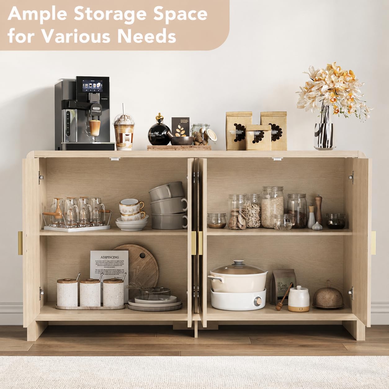 Rattan Sideboard Buffet Cabinet With Storage, 55" Accent Cabinet With Arch Doors & Adjustable Shelves, Boho Credenza Coffee Bar Console Table For Dining Room, Living Room, Entryway, Kitchen