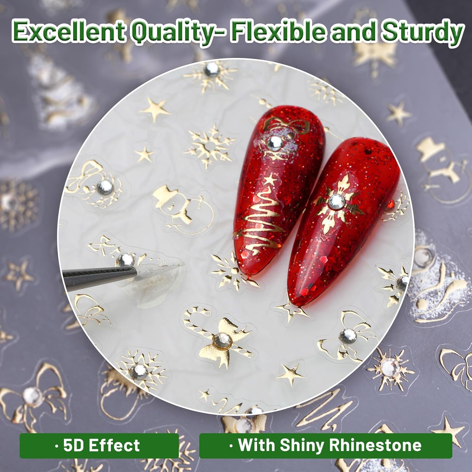 Christmas Nail Art Stickers - 3D Xmas Nail Sticker with Charms Rhinestone for Winter Holiday, Gold Christmas Nail Stickers for Nail Art Self-Adhesive Nail Decals DIY Nail Decoration