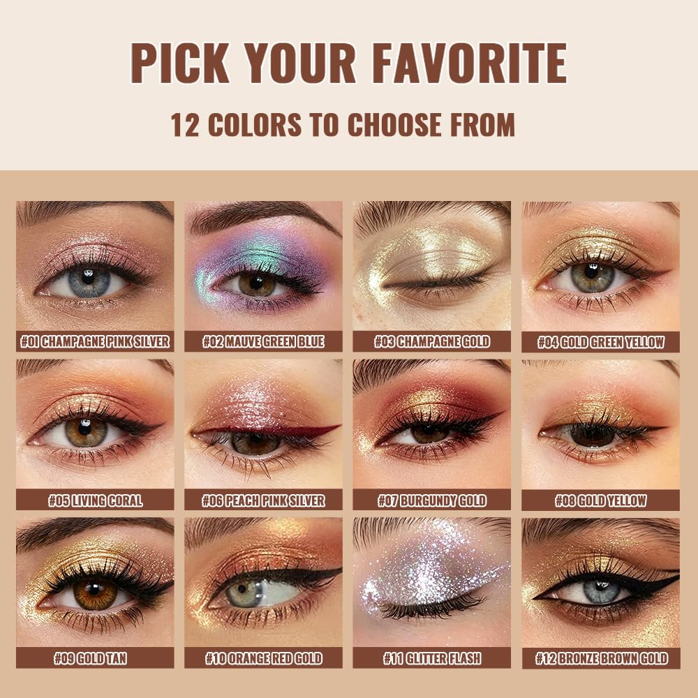Shimmer Glitter Eyeshadow, Golden Tan Gold Metallic Eye Shadow, High Pigment Sparkle Single Eyeshadow, Creamy Smooth Waterproof Long Lasting, Soft Glam Natural Makeup, Sombra de Ojos 09