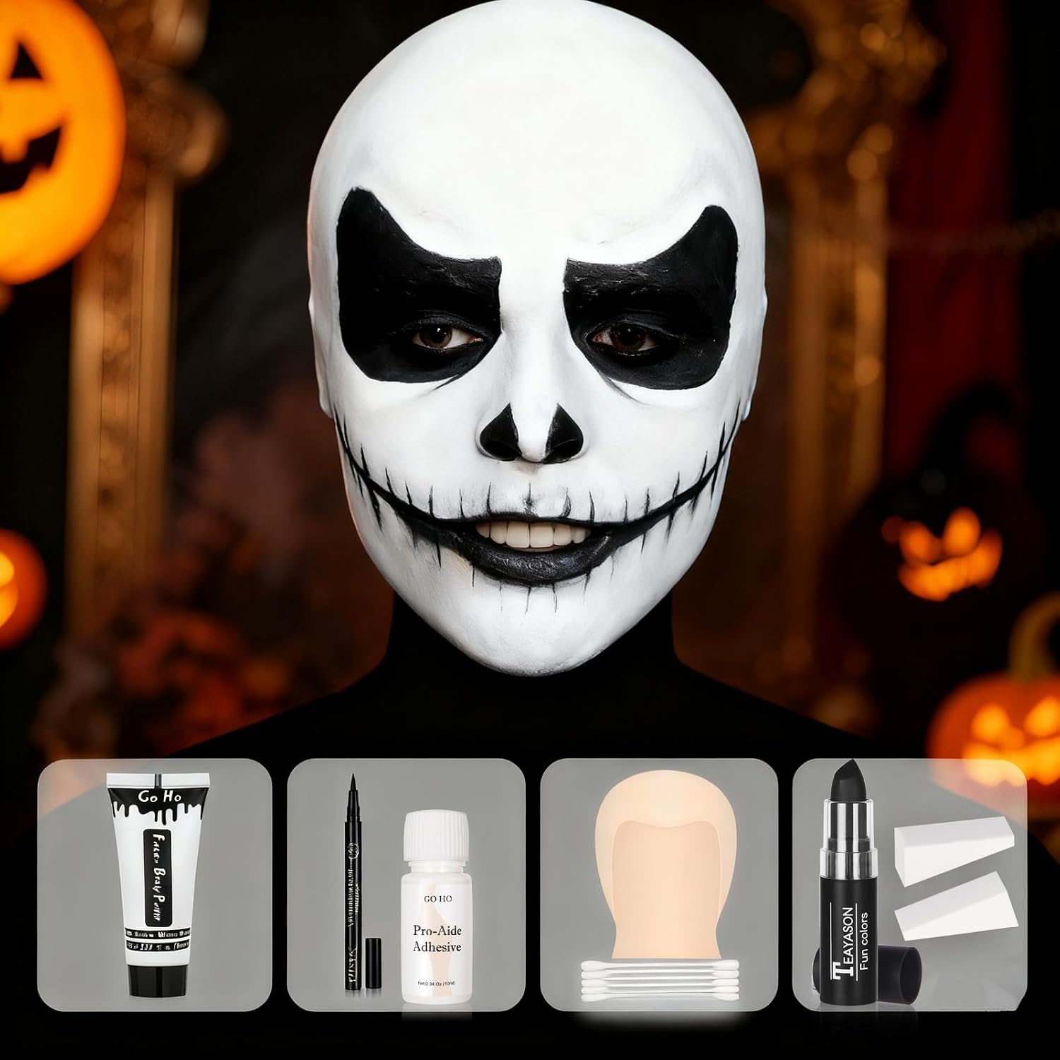 Go Ho Halloween Makeup Kit For Jack Cosplay Costume - Complete 8-Piece Professional Skeleton Makeup With Bald Cap,Pro-Aide Adhesive,White Body Paint,Black Lipstick,Black Eyeliner & Applicators
