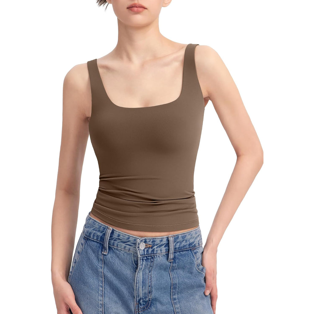 PUMIEY Women's Square Neck Tank Top Sleeveless Double Lined Basic Tops Sharp Collection