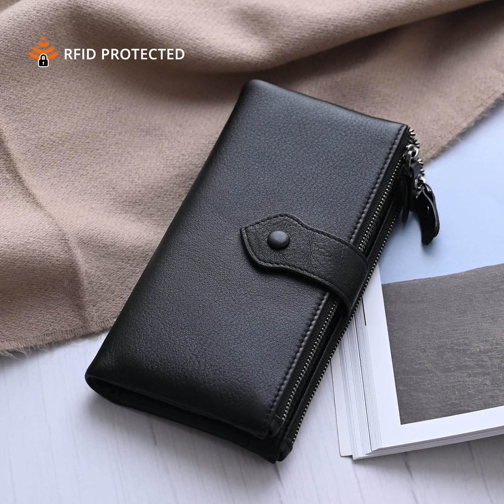 Bveyzi Women Soft Leather Rfid Blocking Bifold Slim Wallets Ladies Credit Card Holder Double Zipper Pocket | Soft