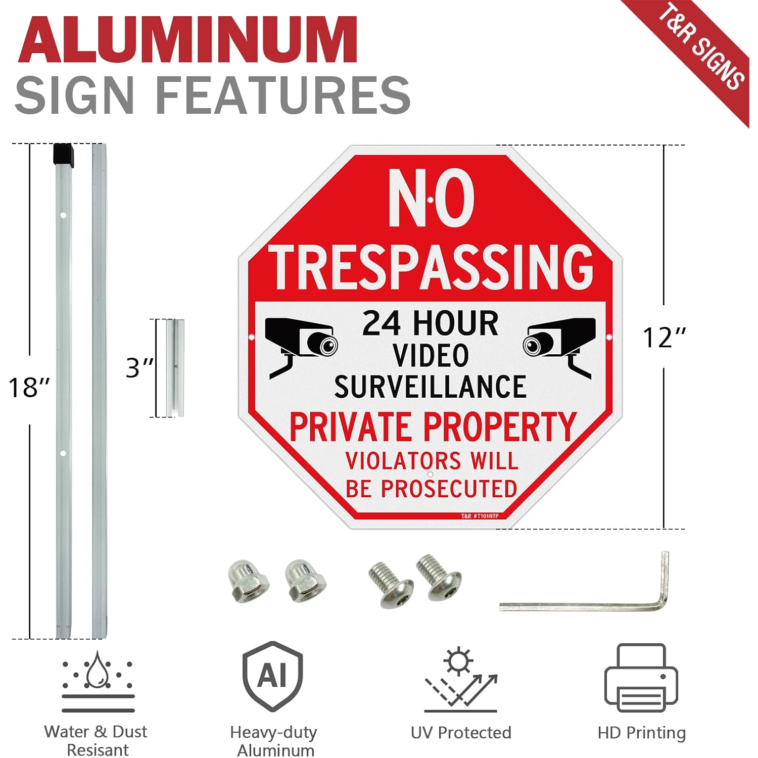 T&R Large No Trespassing Private Property Sign Video Surveillance Sign With 36" Stake For Outside - 2 Pack - 12"X12" .040 Rust Free Heavy Aluminum, Reflective, Waterproof, Weatherproof And Fade