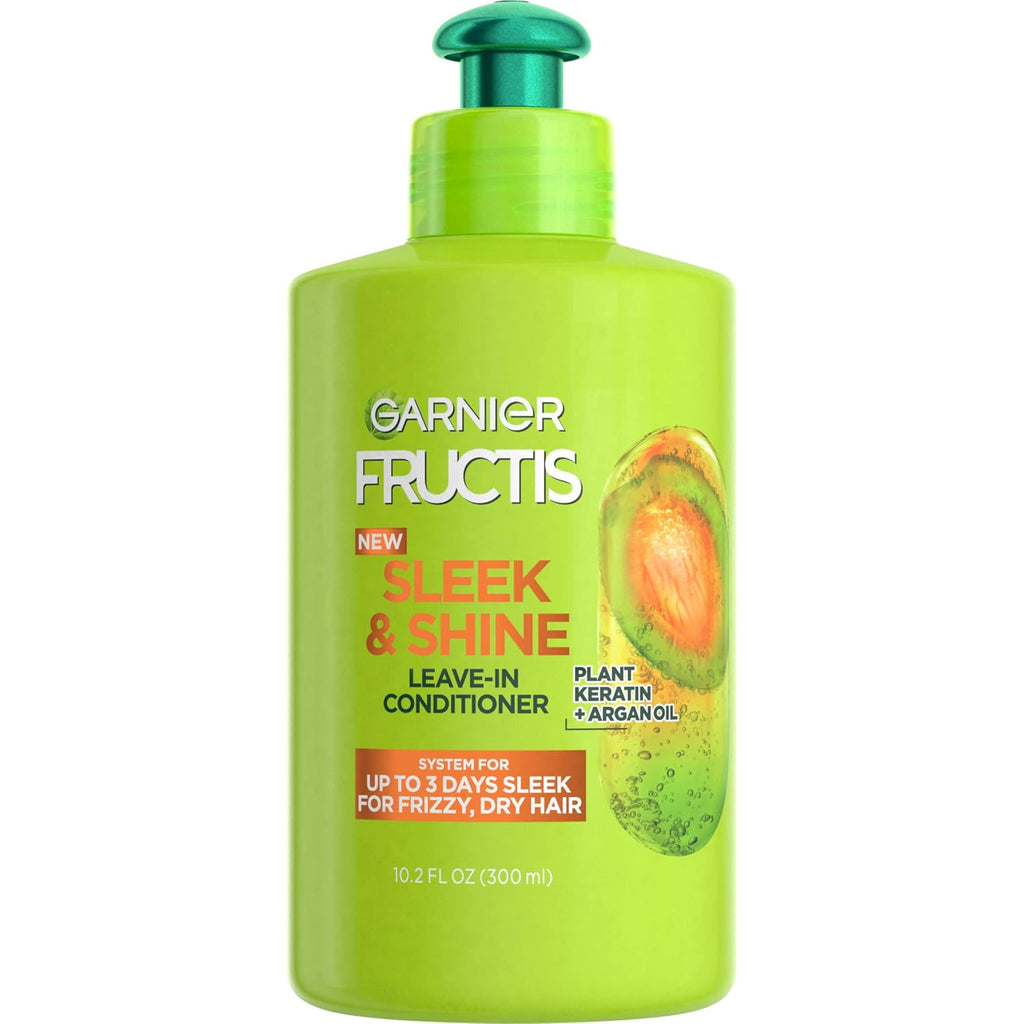 Garnier Fructis Sleek & Shine Leave-In Conditioner Cream, Anti-Frizz Hair Treatment With Plant Keratin + Argan Oil, Controls Frizz And Provides Smoothness For Frizzy, Dry Hair, 10.2 Fl Oz