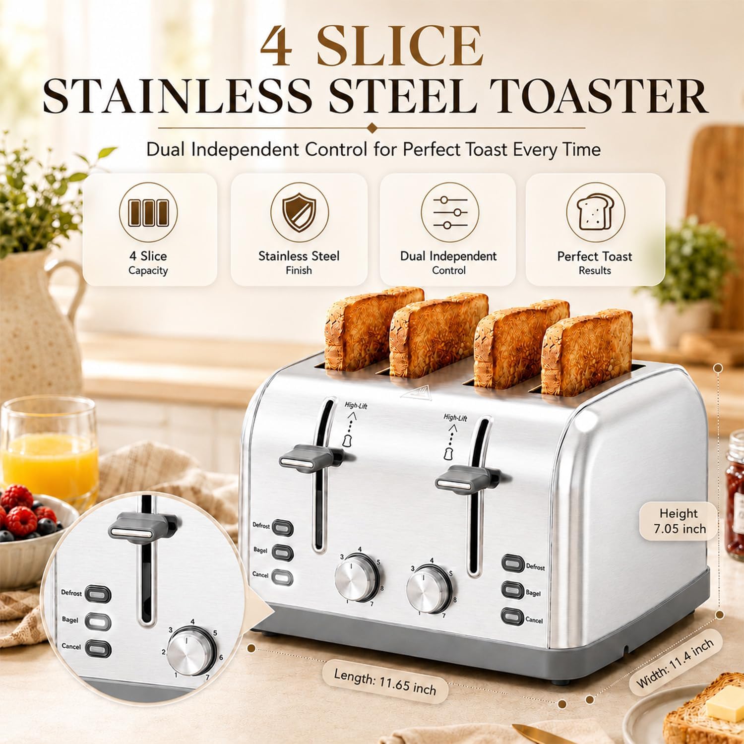 Toaster 4 Slice Retro Stainless Steel,Best Prime 4 Slice Toaster Wide Solt With 7 Shade Settings, Perfect For Waffles, Bagels And More Lainsten T-527