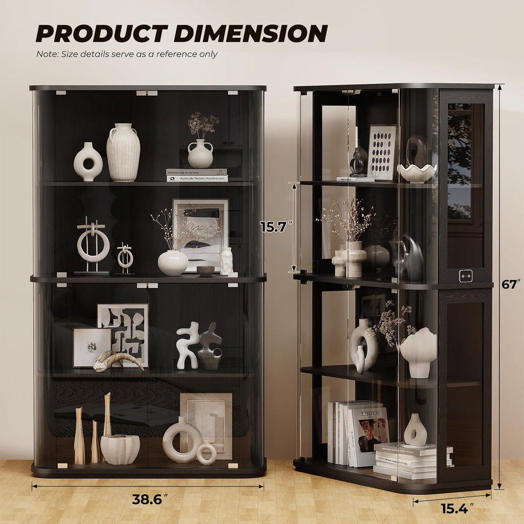 Brottar Large Rounded Display Cabinet With Glass Door & Lights, Black | 4-Tier Curio Cabinet With 3 Color Lights For Collectibles, Glass Display Case With Transparent Full-Display Surface