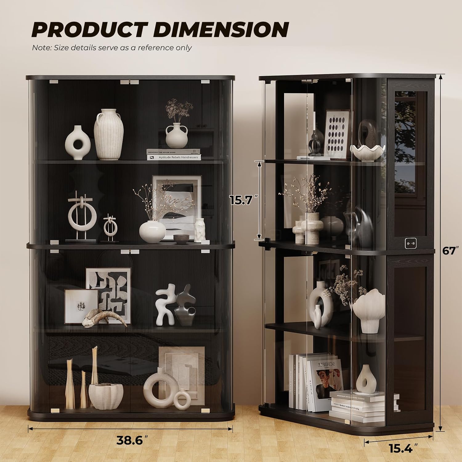 Brottar Large Rounded Display Cabinet With Glass Door & Lights, Black | 4-Tier Curio Cabinet With 3 Color Lights For Collectibles, Glass Display Case With Transparent Full-Display Surface
