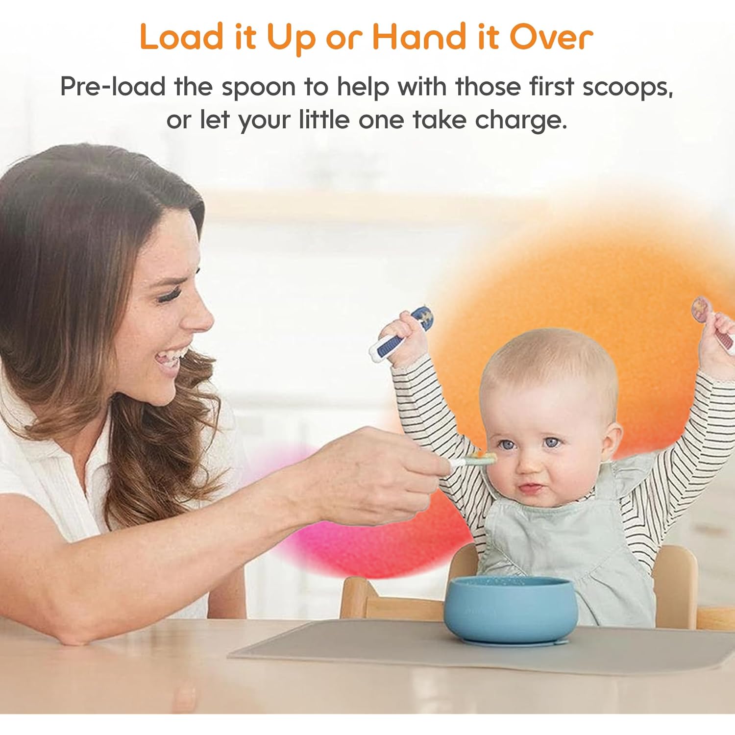 NumNum Baby Spoons Set, Baby Essentials Pre-Spoon GOOtensils for 6+ Months, First Stage Self-Feeding Spoons for Baby Led Weaning (BLW), Silicone Toddler Utensils, BPA-Free, 2 Pack Blue/Orange