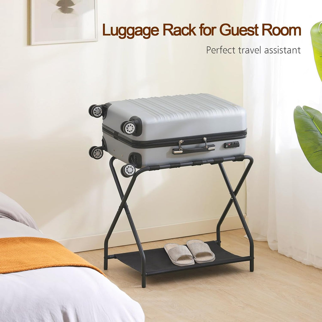 Amhancible Luggage Rack, Set Of 2, Foldable Suitcase Stands For Guest Room, Metal Luggage Holder With Storage Shelf For Bedroom, Hotel, Easy Assemble, Black Hlr02Bk