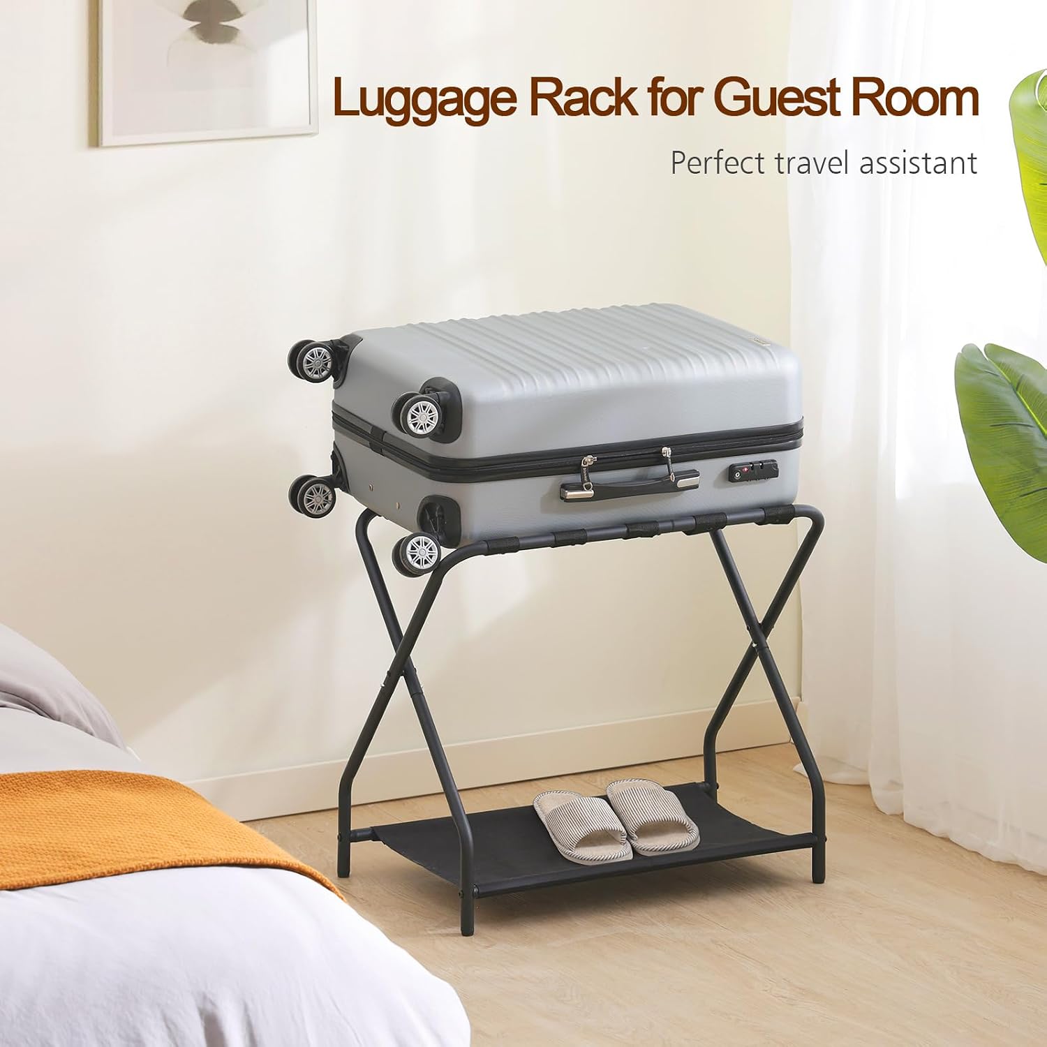 Amhancible Luggage Rack, Set Of 2, Foldable Suitcase Stands For Guest Room, Metal Luggage Holder With Storage Shelf For Bedroom, Hotel, Easy Assemble, Black Hlr02Bk
