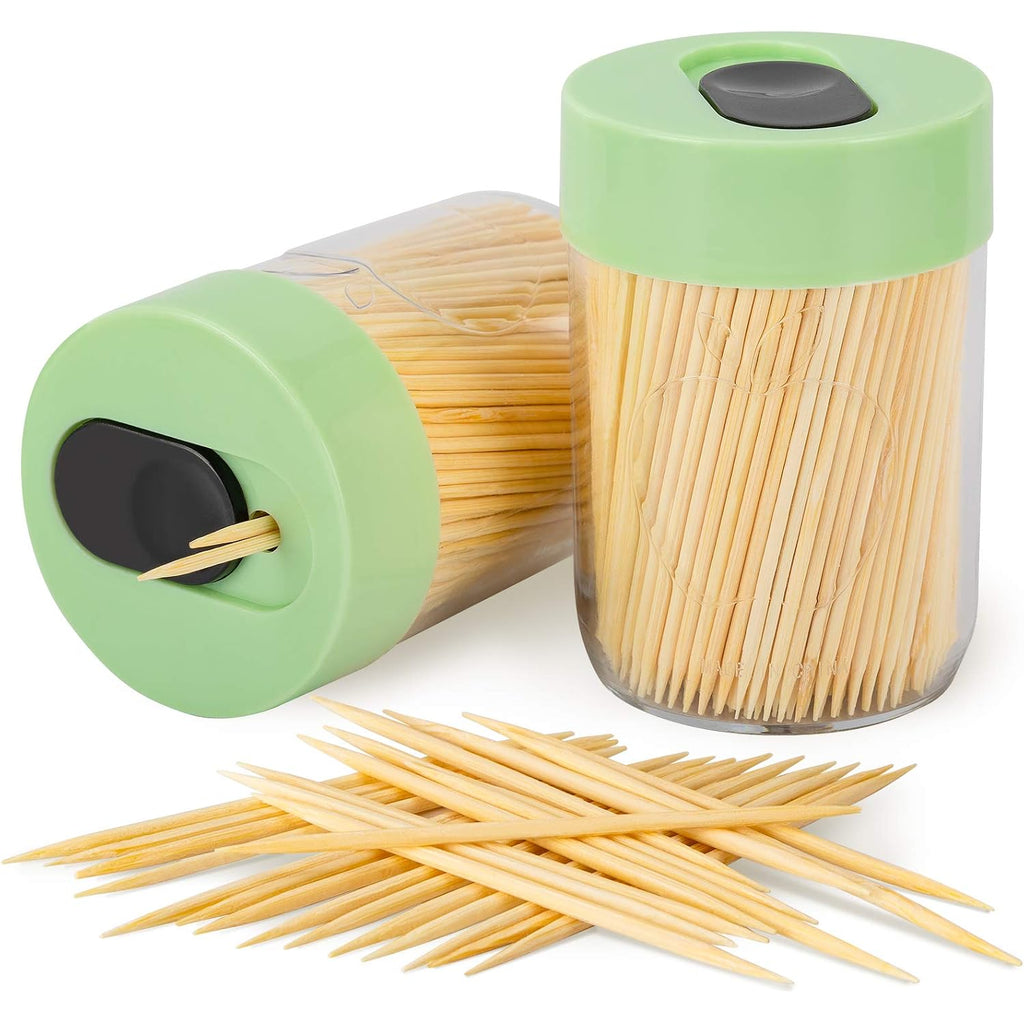 Urbanstrive Sturdy Safe Toothpick Holder With 800 Natural Wood Toothpicks For Teeth Cleaning, Unique Home Design Decoration, Unusual Gift, 2 Pack, Green