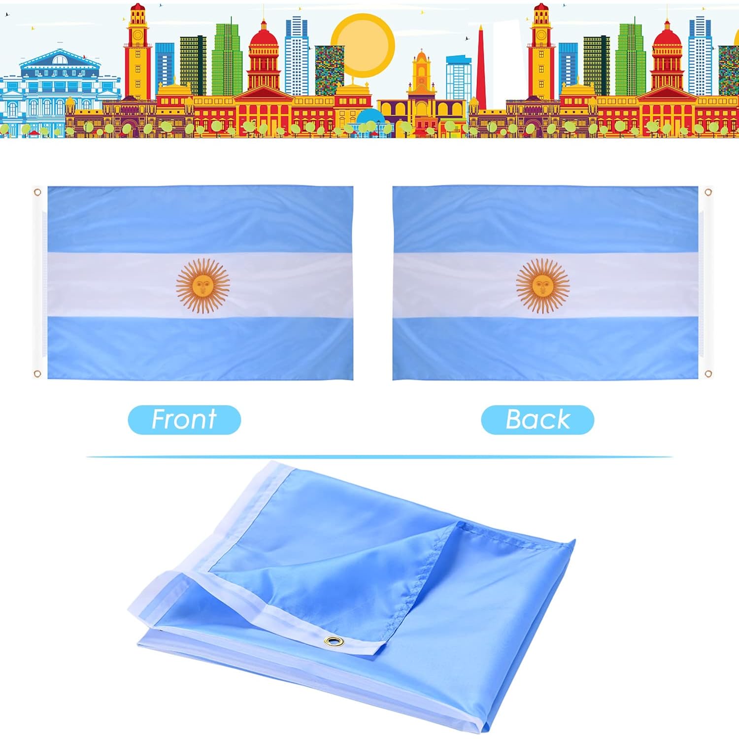 Ahfulife Argentine Flag 3X5 Ft, Large Argentina National Flags For Outside - Double Side With Brass Eyelets For Argentine Party Decorations, Soccer Party Bar Garden Decoration Indoor Outdoor