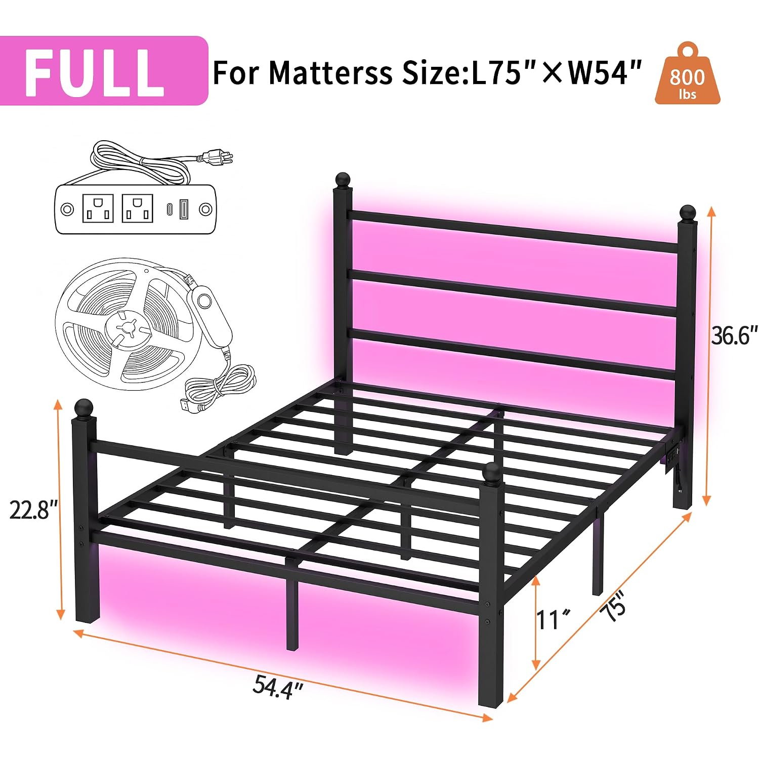 Clibfeng Full Size Bed Frame With Headboard And Footboard,Steel Slats Support-Led Bed Frame With Charging Station,Mattress Foundation-Under Bed Storage, No Box Spring Needed,Noise Free,Black