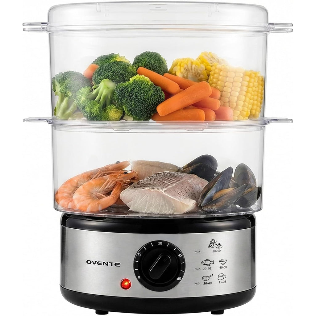 OVENTE 2-Tier Electric Food Steamer, 5 Quart Stainless Steel Stackable Steam Cooker with 400W Power, 60-Minute Timer & Auto Shut-Off, Dishwasher Safe, Healthy Vegetable & Seafood Steamer, Silver FS62S
