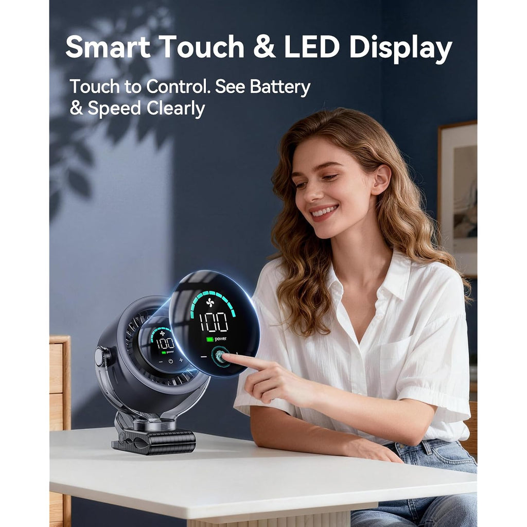 4000Mah Rechargeable Portable Clip On Fan-100-Speed Touch Control, Led Display, 360° Rotate Quiet Turbo Desk Fan, Small Battery Operated Usb Fan For Stroller Bed Travel Camping Golf Gym (Black)