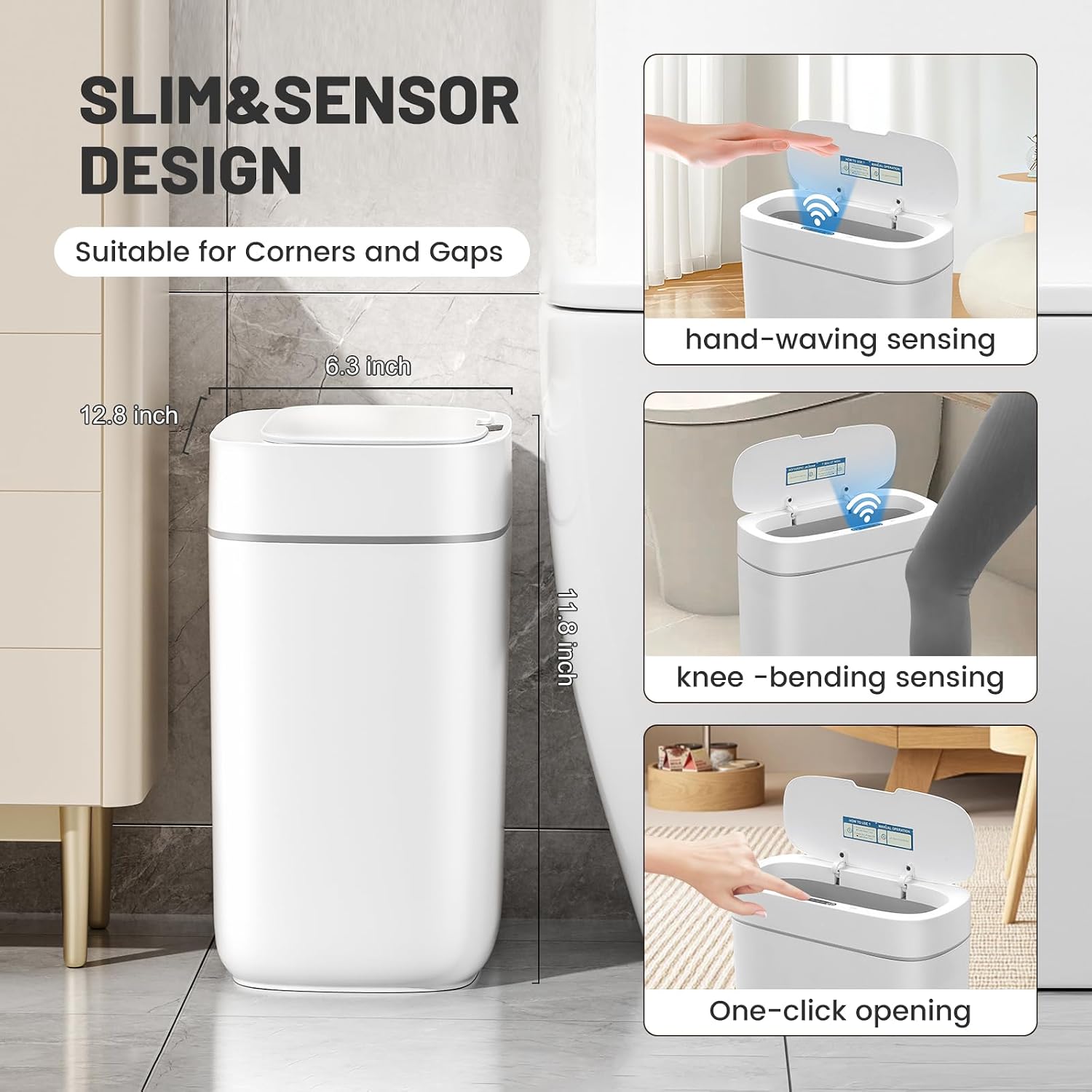 Small Trash Can For Bathroom, 3.5 Gallon Automatic Touchless Trash Can With Lid,Motion Sensor Slim Garbage Can Waterproof Trash Bin Waste Basket For Bedroom, Kitchen