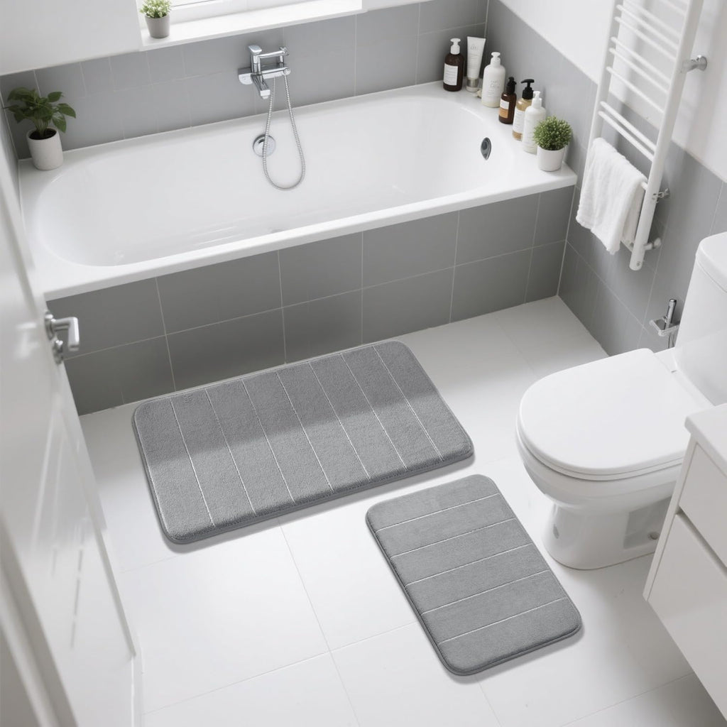 Yimobra Memory Foam Bathroom Rugs Sets 2 Piece - Super Soft Absorbent Quick Dry Bath Mat Set, Machine Washable Non Slip Floor Carpet for Tub Shower & Single Sink (17x24 & 31.5x20 Inch, Gray)