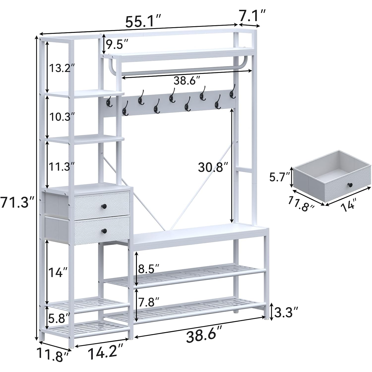 Gyfimoie 7-In-1 White Hall Tree With Bench And Shoe Storage, 55" Wide Entryway Coat Rack With Shoe Storage Shelves & Drawers, Mudroom Bench With Seating And Hooks For Hallway, Entrance