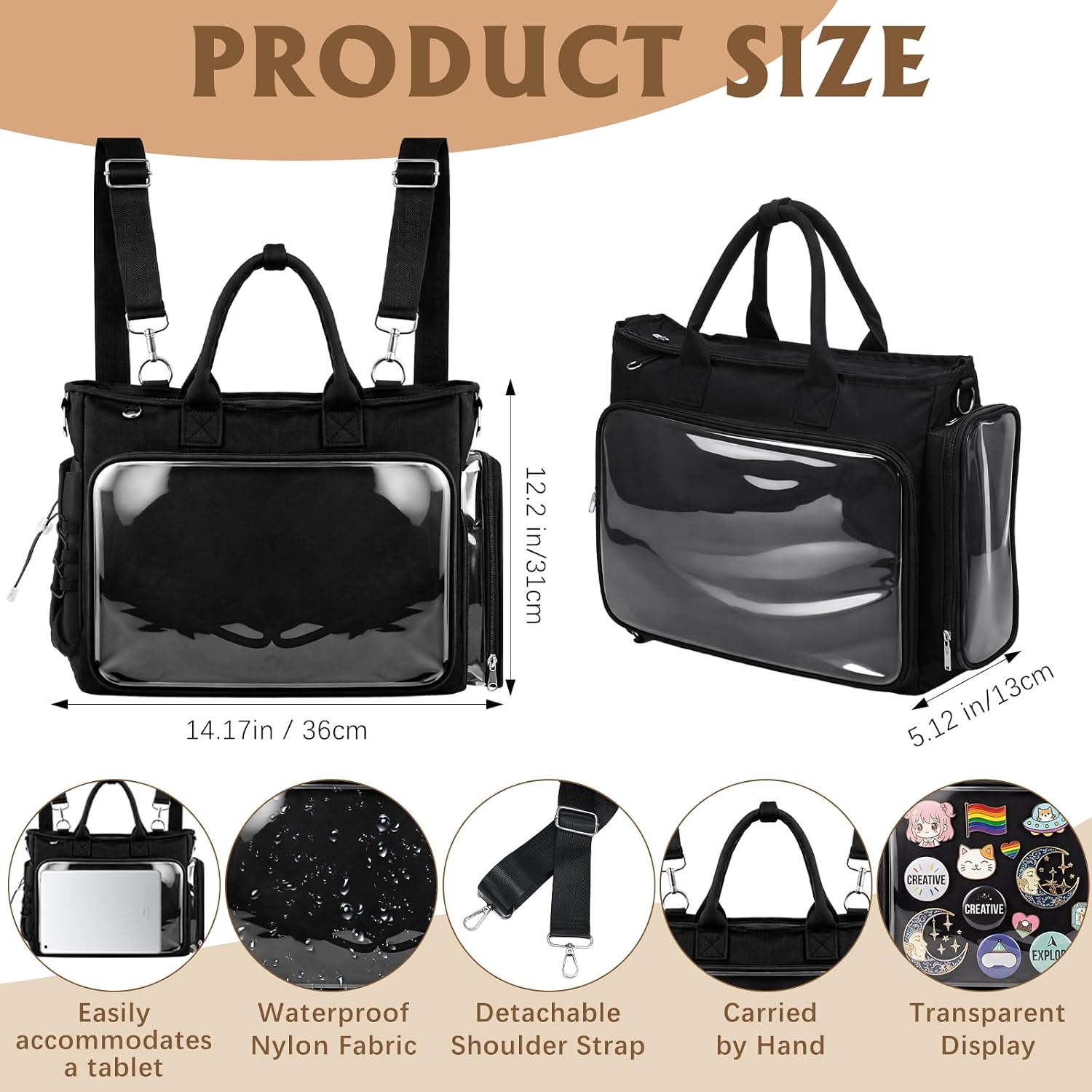 Large Ita Backpack Shoulder Tote Bag Crossbody Handbags Kawaii Black Ita Purse With Clear Pvc Insert For Pin Display Kpop Fan Anime (Pins Not Included)