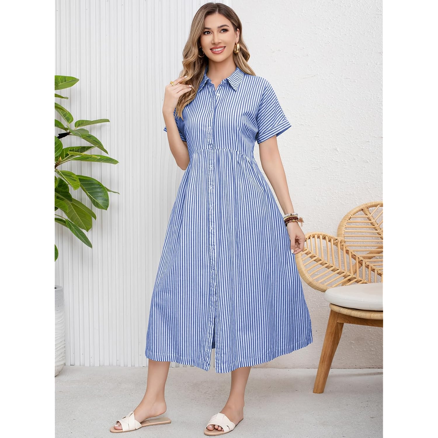 Ebossy Women'S Boho Striped Shirt Dress Button Up Side Slit Loose Mid Long Cotton Dress With Pockets