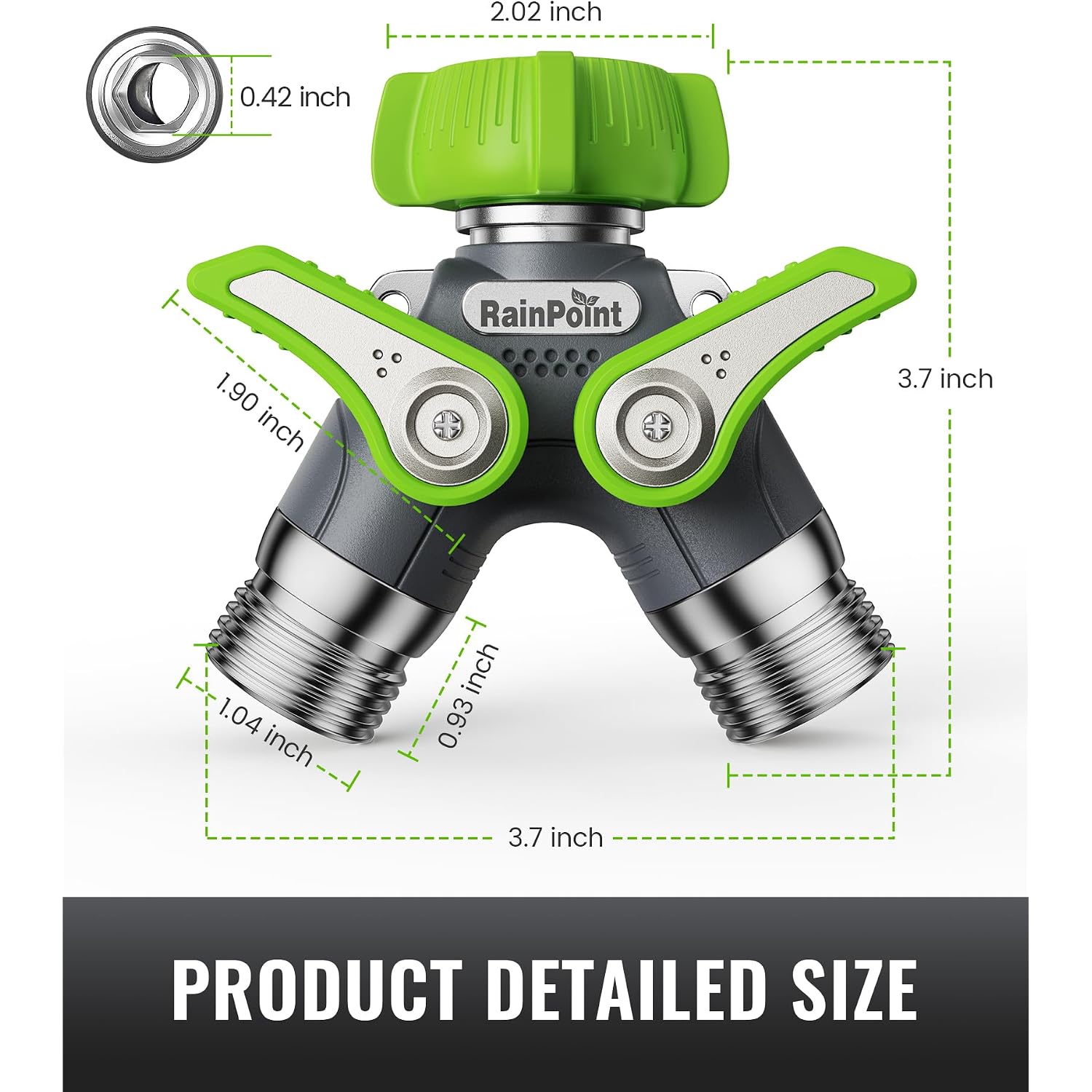 Rainpoint 2 Way Garden Hose Splitter | Heavy Duty Water Spigot Splitter With Shutoff Valves, 100% Metal Body, 1.9" Extra Long Metal Handle, 3/4" Ght Thread