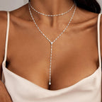 Airmb Lariat Silver/Gold Necklace for Women 925 Silver/14K Gold Plated Dainty Long Necklace Y-Shaped Drop Pendant Necklaces Choker Trendy Chain Simple Layered Necklaces CZ Jewelry for Women Set Gift
