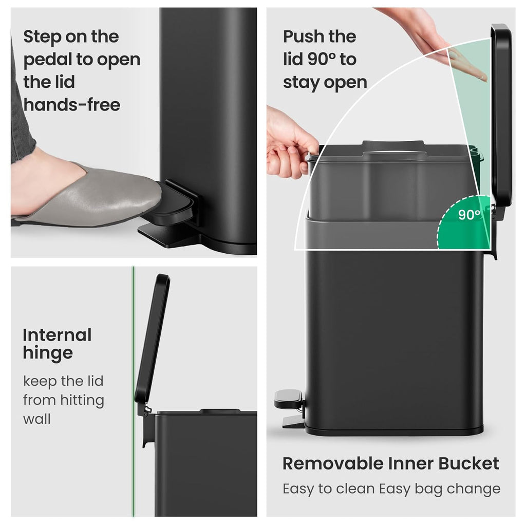 Cesun Bathroom Trash Can With Lid, 2.6 Gallon Small Black Bathroom Garbage Can Soft Close, Stainless Steel Waste Basket With Step Pedal For Bedroom, Laundry Room, Living Room, Home Office, Toilet, Rv