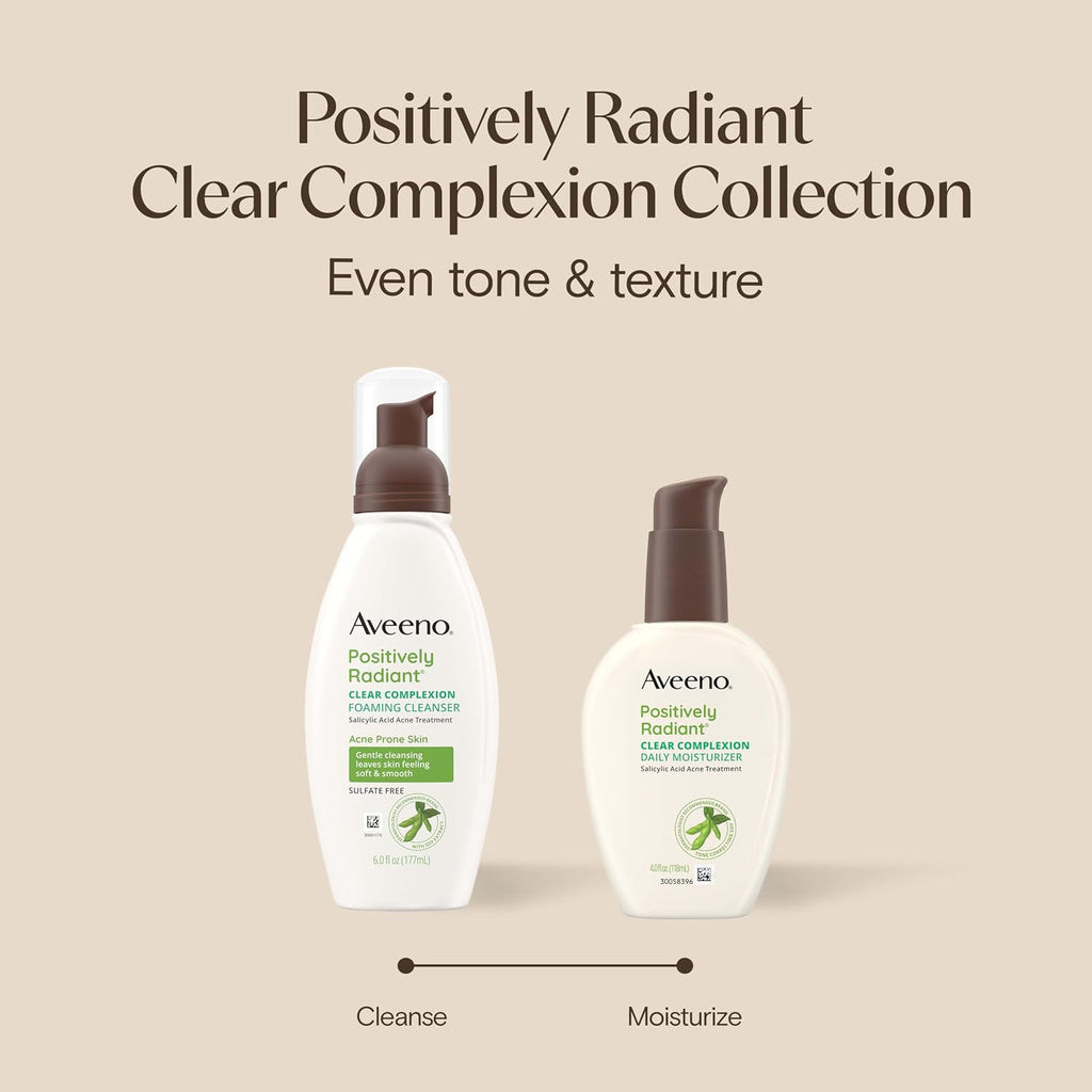 Aveeno Positively Radiant Clear Complexion Foaming Facial Cleanser, Oil-Free With Soy Extract & 0.5% Salicylic Acid, Hypoallergenic Acne Treatment Face Wash For Acne-Prone Skin, 6 Fl Oz