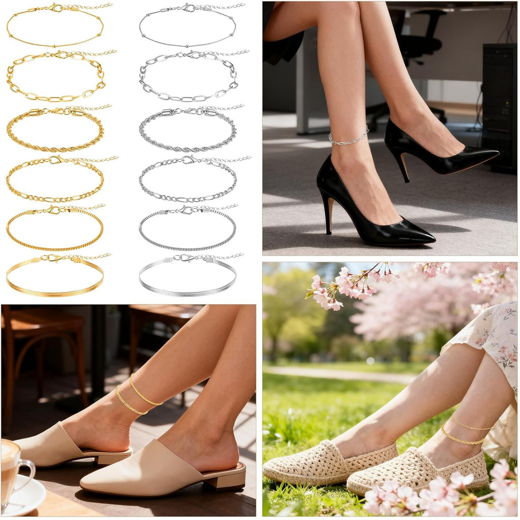Gold Silver Ankle Bracelets for Women 12 Pcs Cuban Anklet Link Chain Set Multi-layered Wear Boho Bracelet Set Summer Beach Jewelry Accessories