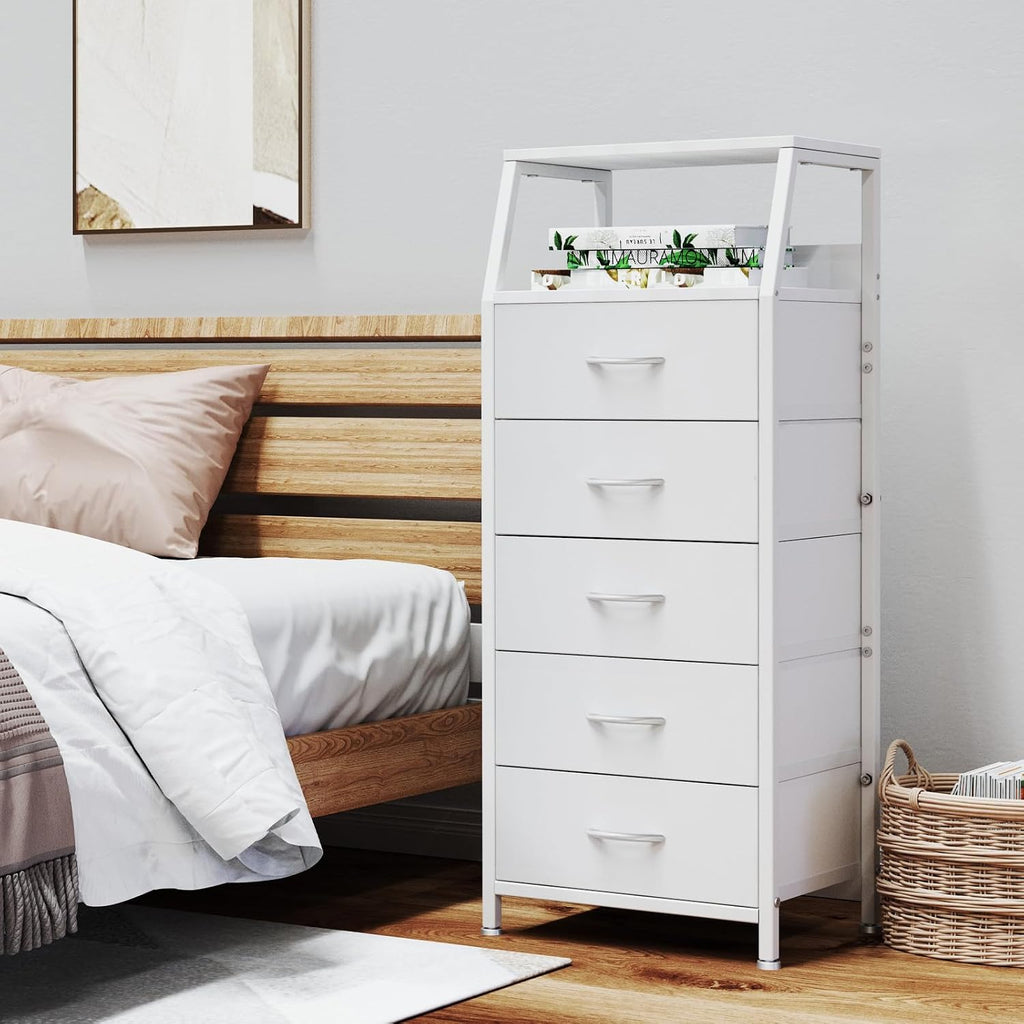 White Dresser For Bedroom, Storage Organizer With 5 Drawers, Vertical Fabric Storage Stand, Nightstand Bedside Table, Sturdy Steel Frame & Wooden Top