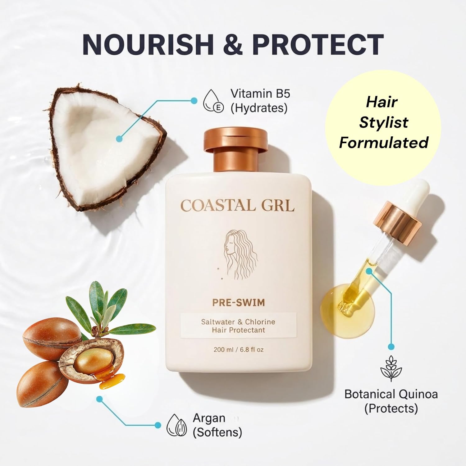 Pre-Swim Saltwater & Chlorine Hair Protectant, Leave In Conditioner For Swimming, Pool & Beach For Dry Frizzy, Color Treated Hair & Extensions, Tropical Coconut Pineapple Scent, 6.8 Fl Oz