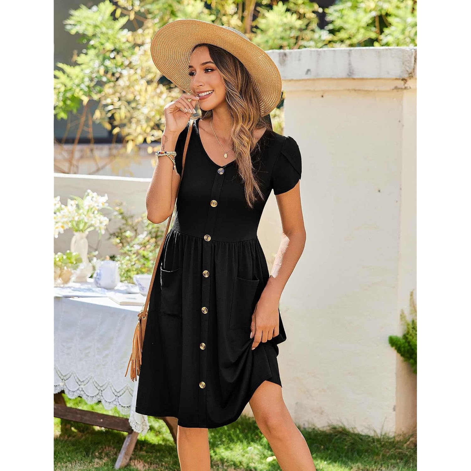 Zeagoo Womens Summer Dress Mini Petal Short Sleeve Dresses Pleated Button Down V Neck Floral Beach Swing Vacation Dress 2026