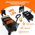 300L Large Collapsible Wagons Carts With Big All-Terrain Beach Wheels, Foldable Shopping Wagon Cart, Heavy Duty 480Lbs Load, Folding Utility Cart For Groceries Garden Sport (Black)