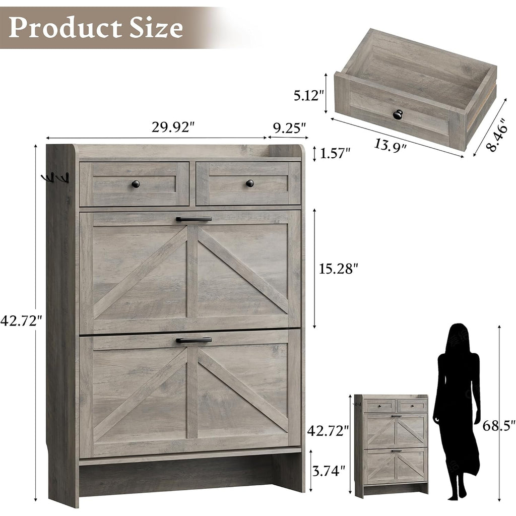 Bornoon Shoe Storage Cabinet For Entryway, Farmhouse Narrow Shoe Cabinet With 2 Flip Drawers & Top Drawers, Adjustable Shelves & Hooks, Freestanding Hidden Rack Organizer For Hallway, Foyer