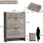 Bornoon Shoe Storage Cabinet For Entryway, Farmhouse Narrow Shoe Cabinet With 2 Flip Drawers & Top Drawers, Adjustable Shelves & Hooks, Freestanding Hidden Rack Organizer For Hallway, Foyer