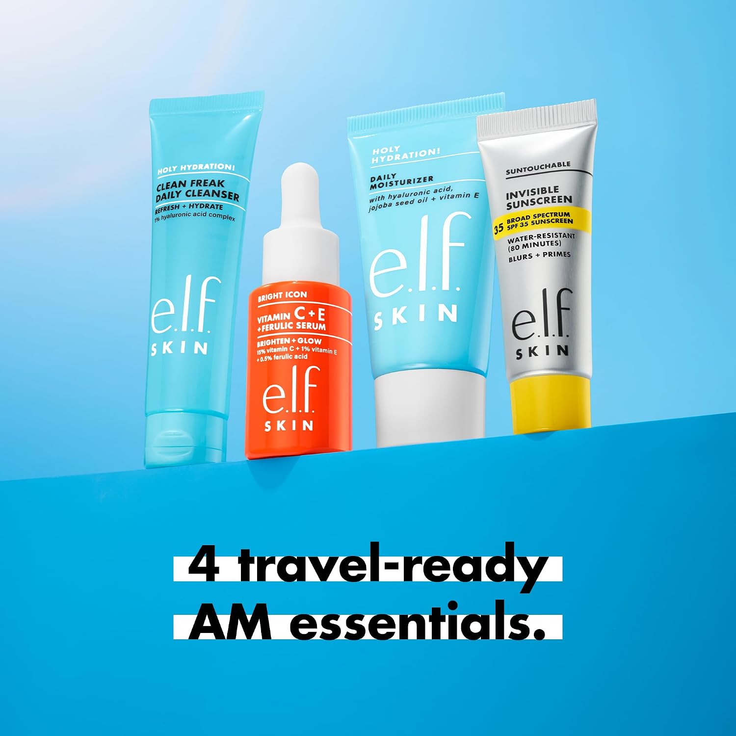 E.L.F. Skin Wake The E.L.F. Up Skincare Kit, Travel-Size Hydrating Face Cleanser, Sunscreen, Moisturizer & Brightening Serum, Vegan & Cruelty-Free