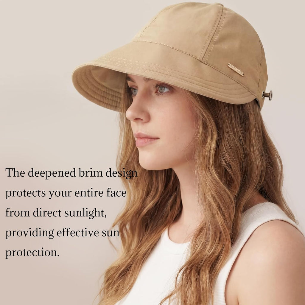 2 Pack Women Sun Hat UV Protection Hiking Fishing Hats Wide Brim Hat Adjustable Ponytail Packable Cap for Outdoor White, Khaki