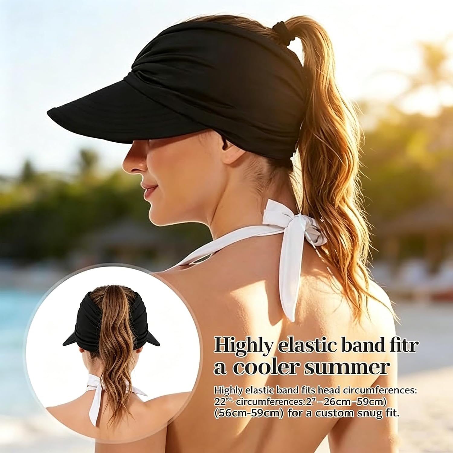 2 Pack Women's UPF 50+ UV Protection Sun Visor Hat, Sun Visor Hat for Women, Wide Brim Lightweight Foldable Ponytail Cap for Summer Beach, Foldable Golf Visor (Black and White)