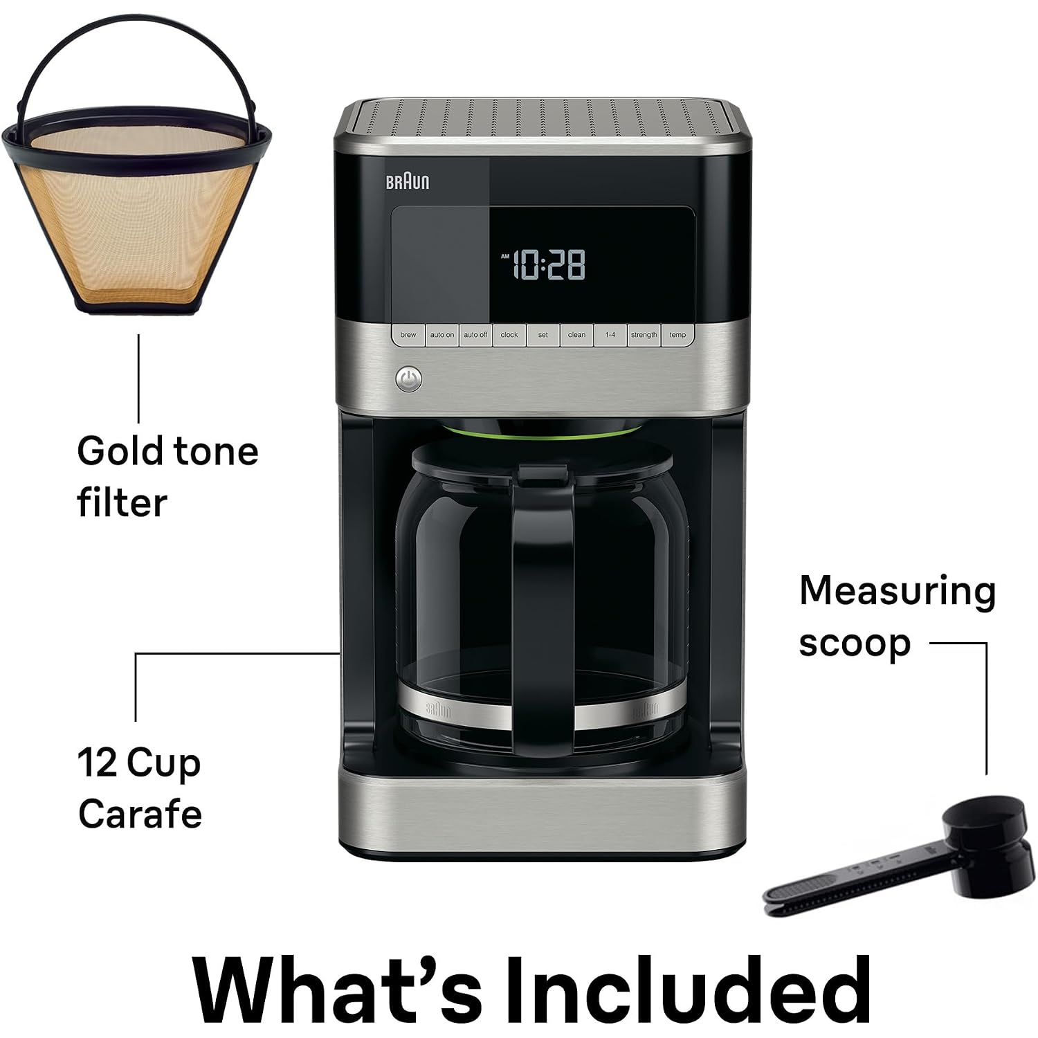 Braun Brewsense 12 Cup Drip Coffee Maker - Pause & Pour Mid Brew, Coffee Machine With 24-Hour Timer & Clock, Bold & Regular Strength, 1-4 Cup Functions, Self Clean, Auto Shutoff, Stainless Steel